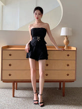 Chinese Style Jacquard Texture Strapless Crop Top And Shorts Set With Delicate Waistband Belt For Women'S Party Outfit